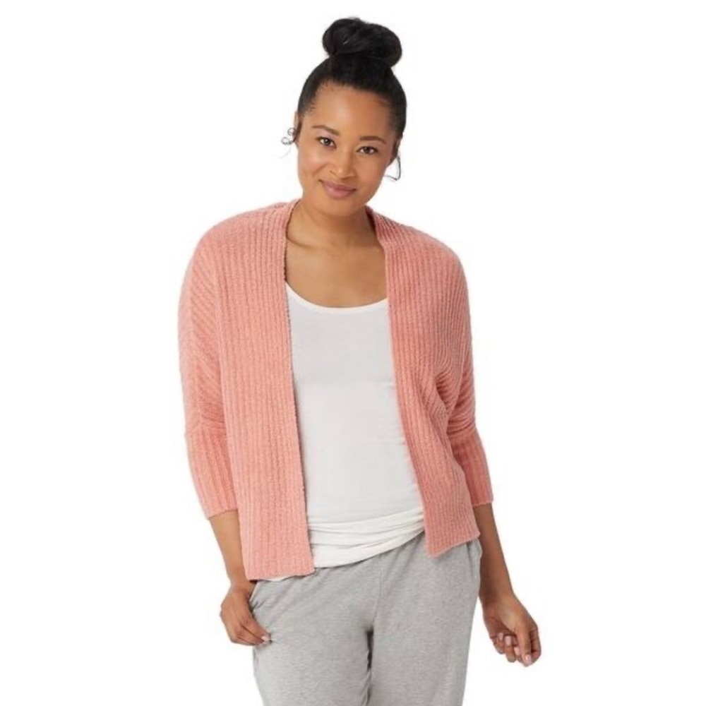 Barefoot Dreams CozyChic Lite Ribbed Shrug Open Front Cardigan Coral - Picture 2 of 9